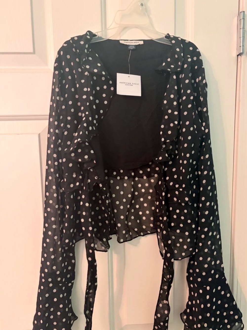 American Eagle Outfitters Black and White Polka Dot Ruffle Tie-Front Blouse